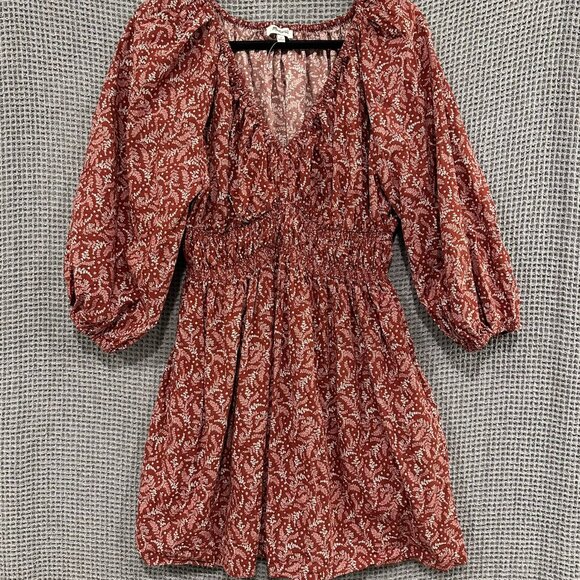 Madewell Dresses & Skirts - Madewell Dress Womens 6 Burgundy Paisley V-Neck Smocked Waist Long Sleeve Mini